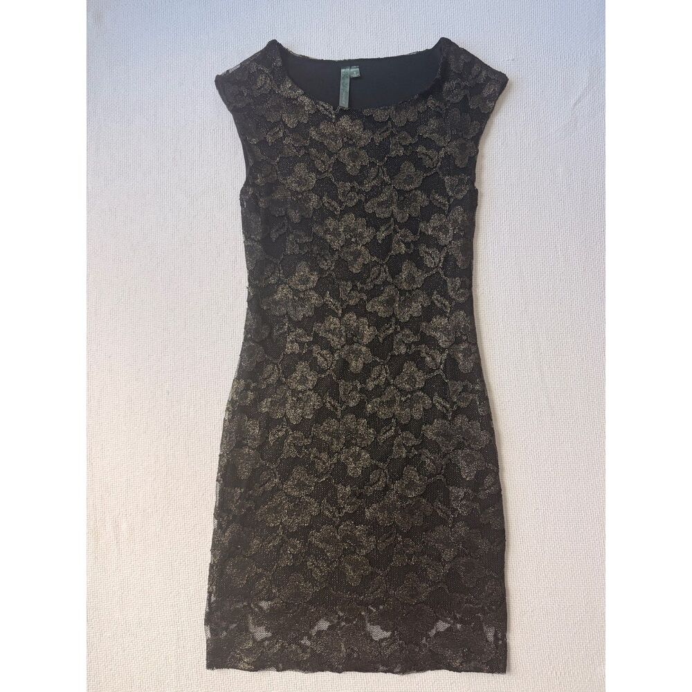 Poema Black Metallic Floral Lace Sheath Dress Size Small Made in USA